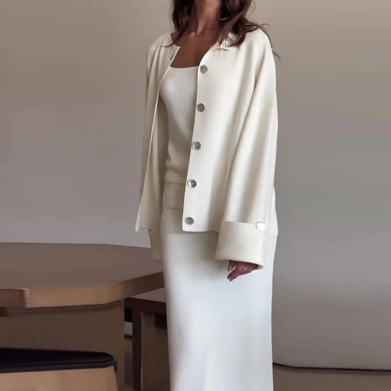 Women’s Clothing Solid Color Knitted Cardigan + Dress Elegant 2-Piece Sets for Women