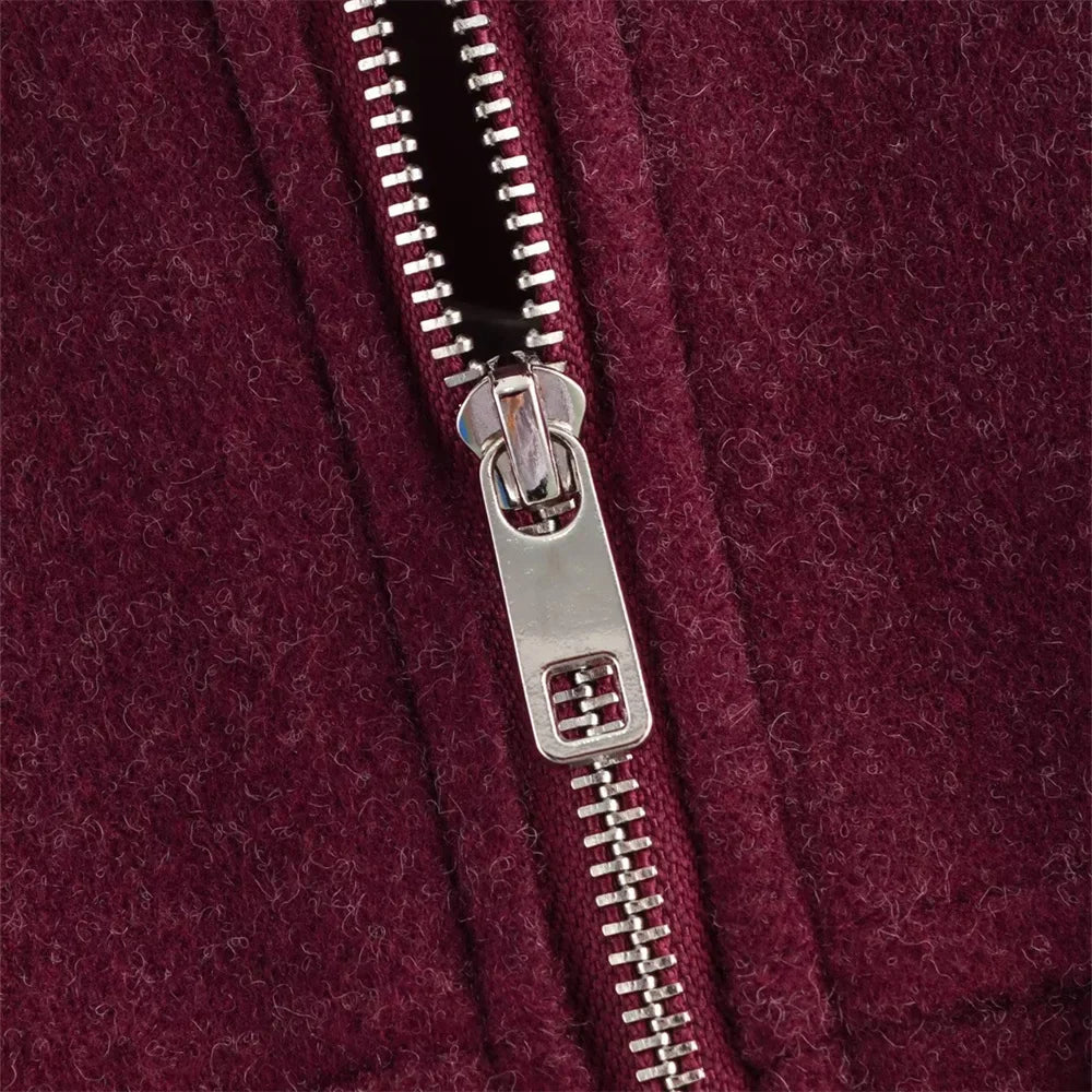 Women’s Clothing Style Fashion Versatile Wine Red Large Pocket Zipper Woolen Coat