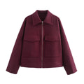 Women’s Clothing Style Fashion Versatile Wine Red Large Pocket Zipper Woolen Coat - Burgundy / M