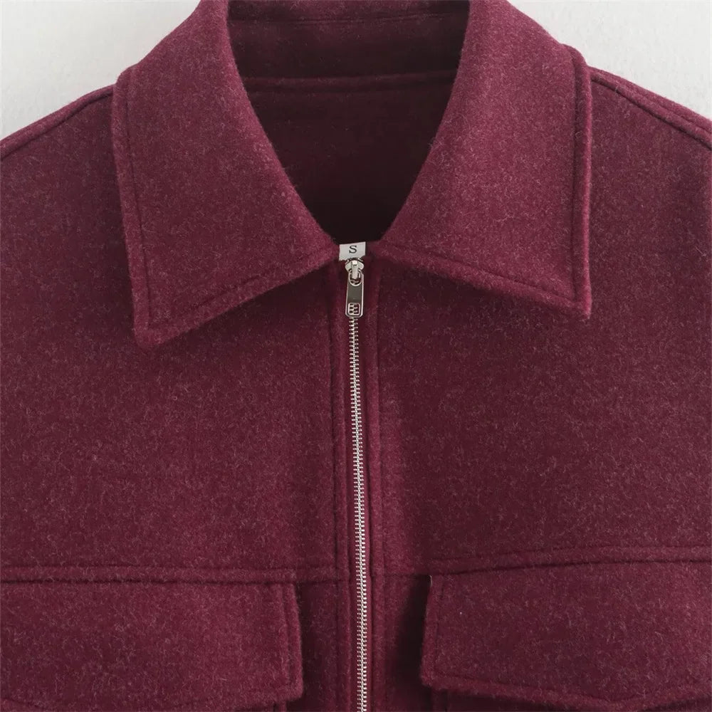 Women’s Clothing Style Fashion Versatile Wine Red Large Pocket Zipper Woolen Coat