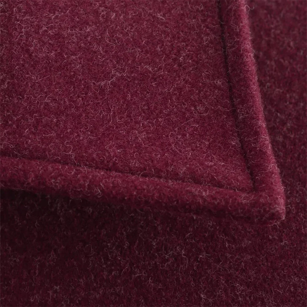 Women’s Clothing Style Fashion Versatile Wine Red Large Pocket Zipper Woolen Coat