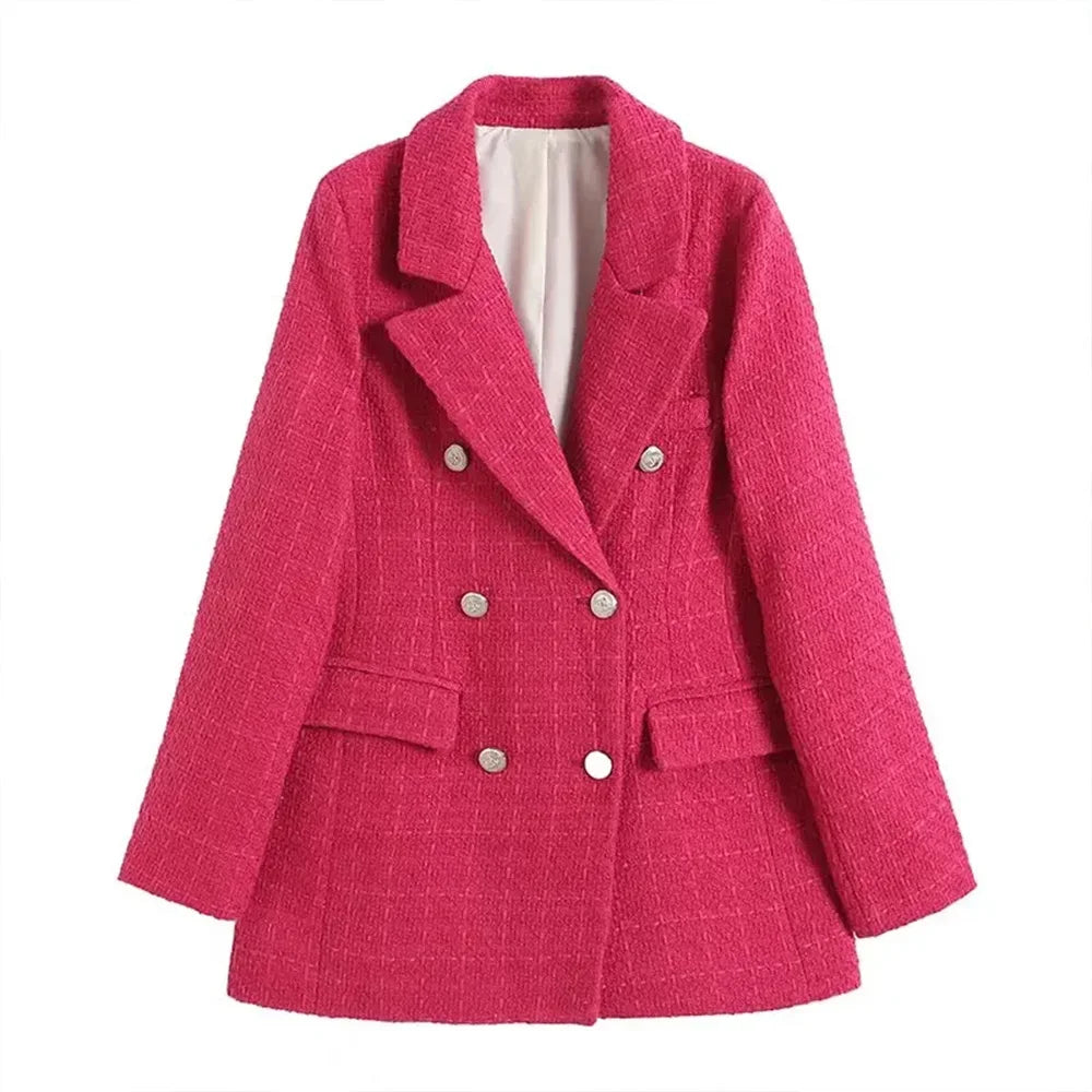 Women’s Clothing Style Fashionable Versatile Texture Double breasted Mid length Suit Coat - Rose Red / L