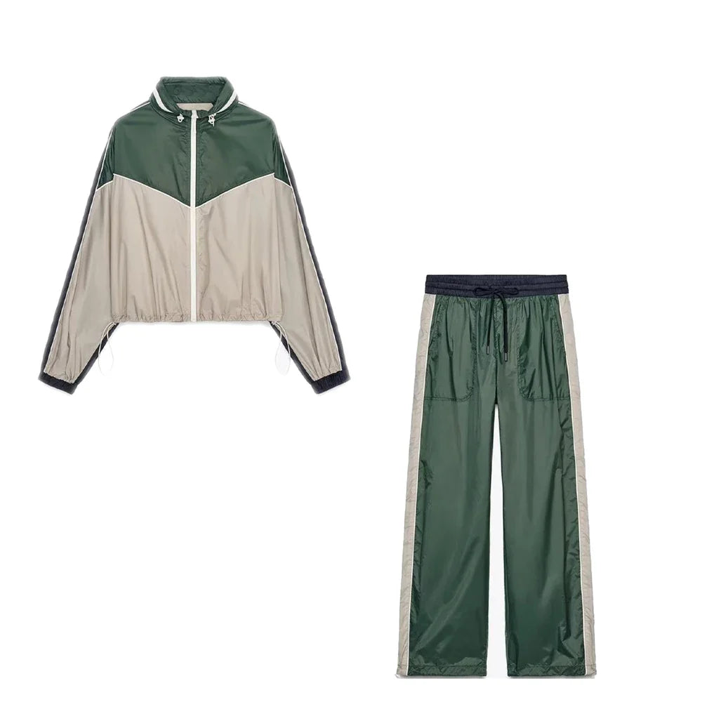 Women’s Color Blocked Short Style Stand up Collar Long Sleeve Pants Set - polychrome / XS