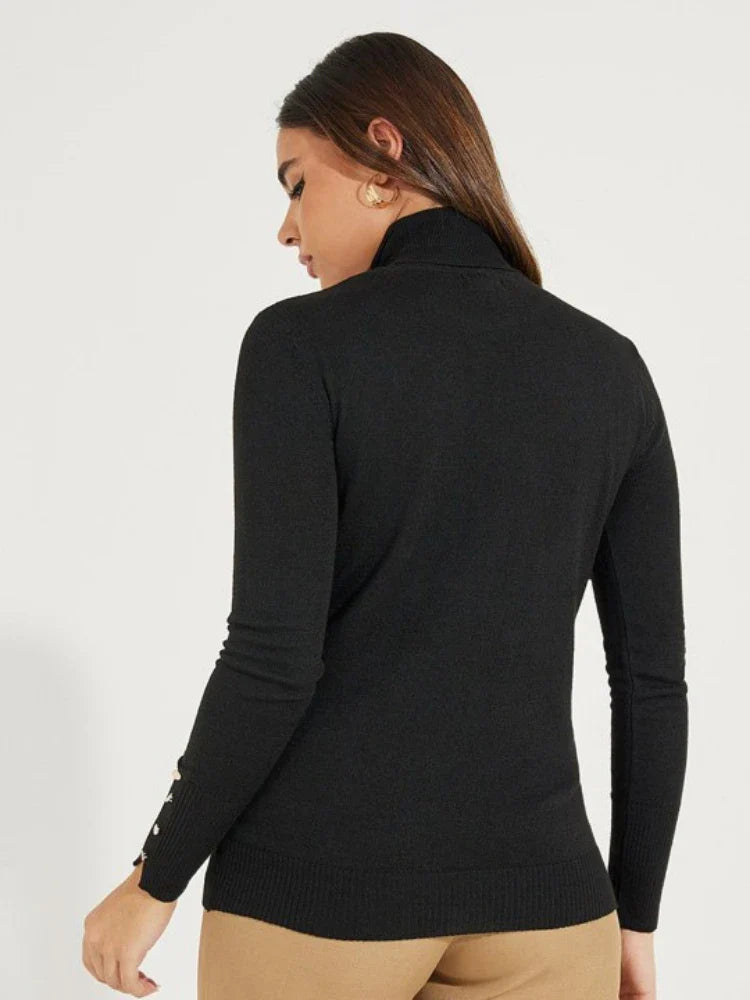 Women’s Cropped Basic Turtleneck Sweater Long Sleeves with Buttons