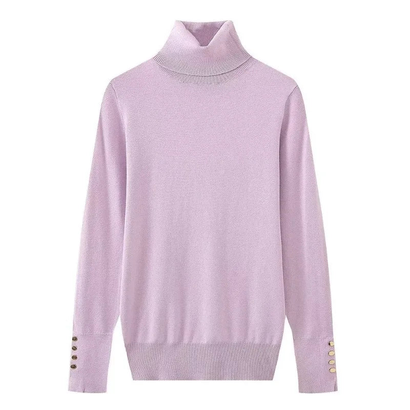 Women’s Cropped Basic Turtleneck Sweater Long Sleeves with Buttons - Light purple pullove / S
