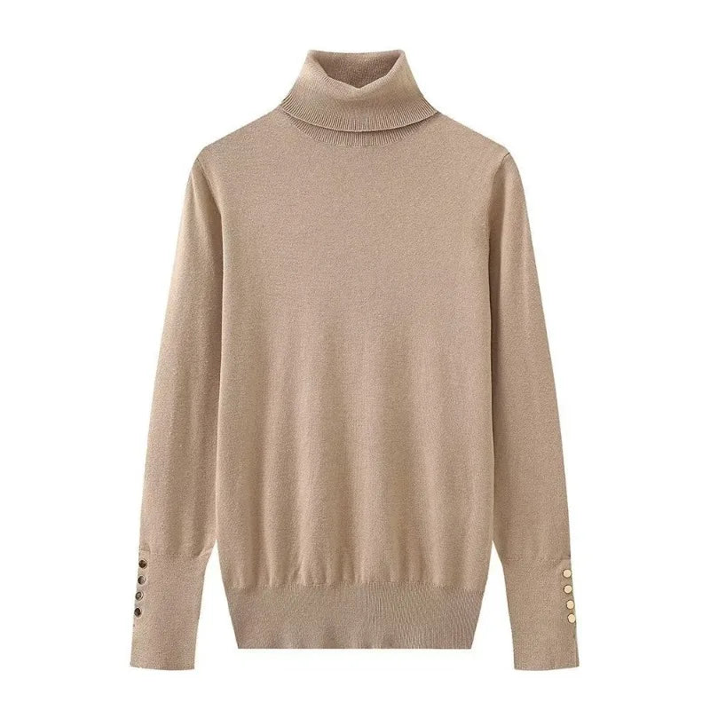Women’s Cropped Basic Turtleneck Sweater Long Sleeves with Buttons - Khaki pullover / L