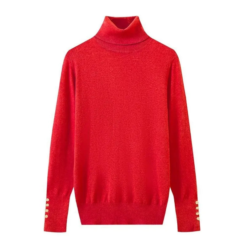 Women’s Cropped Basic Turtleneck Sweater Long Sleeves with Buttons - Red pullover / L