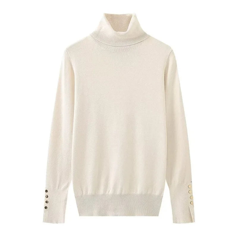 Women’s Cropped Basic Turtleneck Sweater Long Sleeves with Buttons - Apricot / L