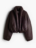 Women's Dark Brown Faux Leather Puffer Jacket