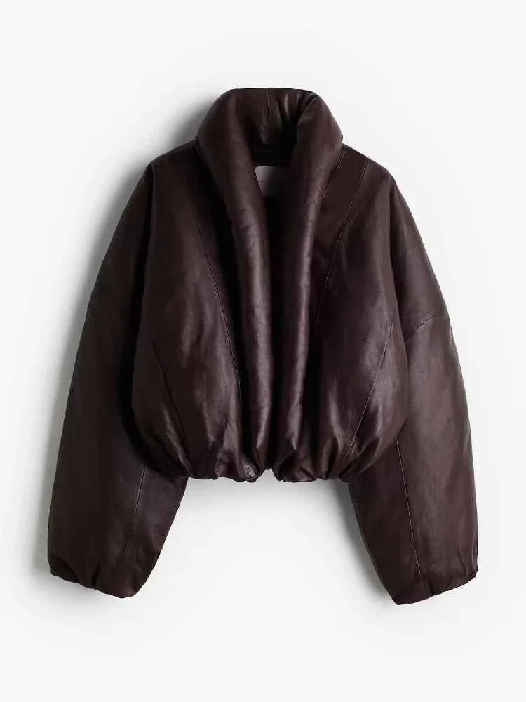 Women's Dark Brown Faux Leather Puffer Jacket