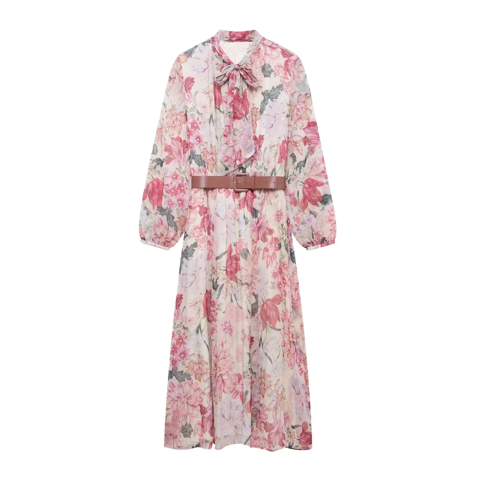 Women’s Dress With Waistband and Floral Print - MULTI / L