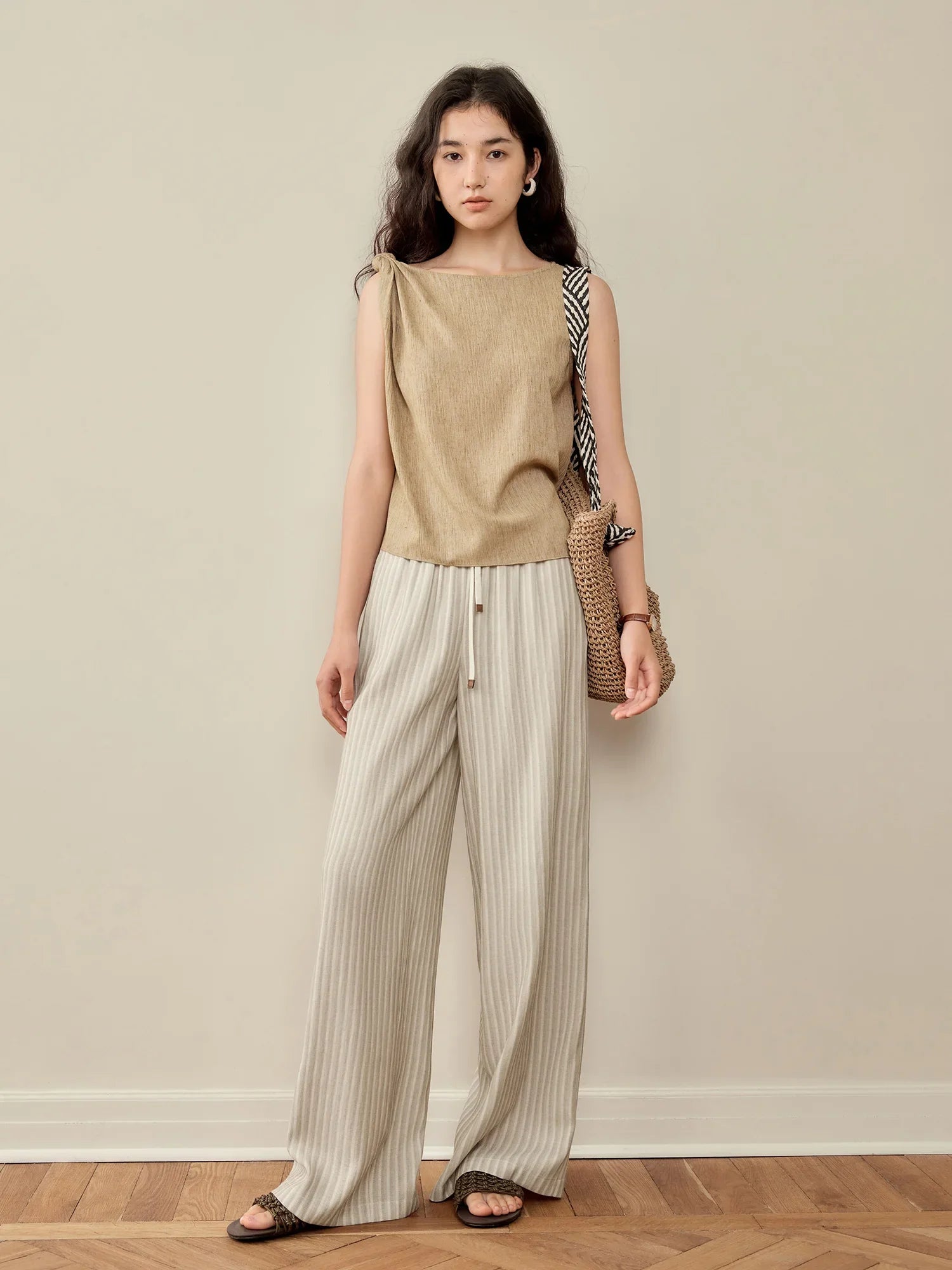 Women’s Elastic-Waist Wide-Leg Pants - Artistic Stripe & Fluid Drape Silhouette Casual Loose