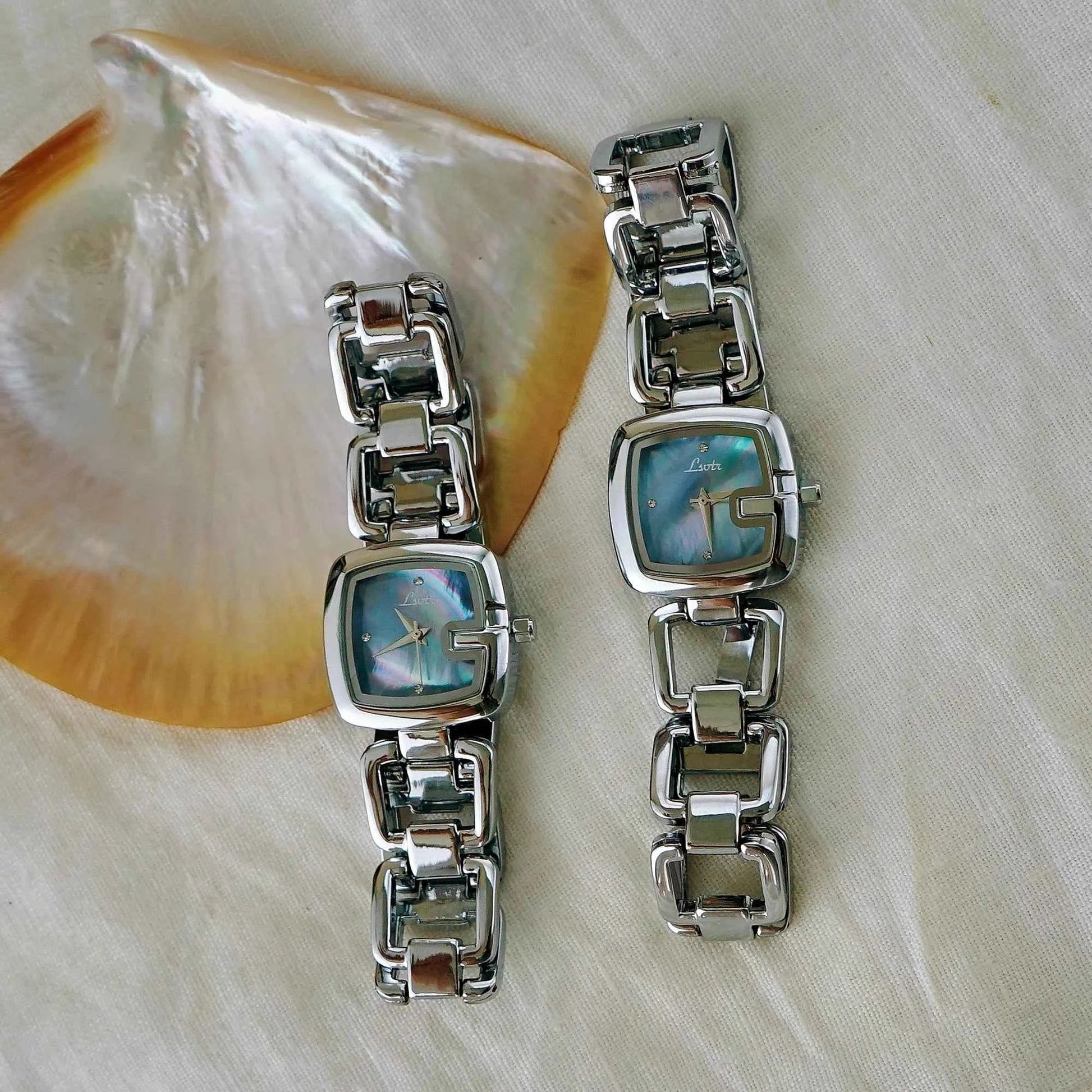 Women's Elegant High-End Luxury Quartz Watch, Stainless Steel Band, Rhinestone & Mother Of Pearl Dial