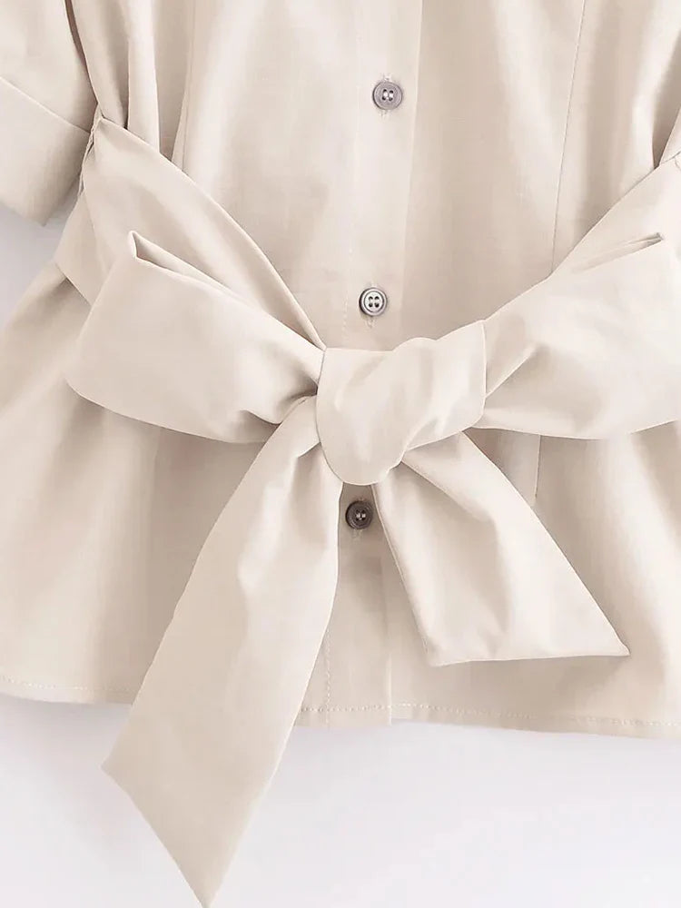 Women’s Fashion Belted Front Button Shirt