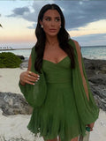 Women’s Fashion Green Chiffon Mini Dress Elegant V-neck Split Long - Other