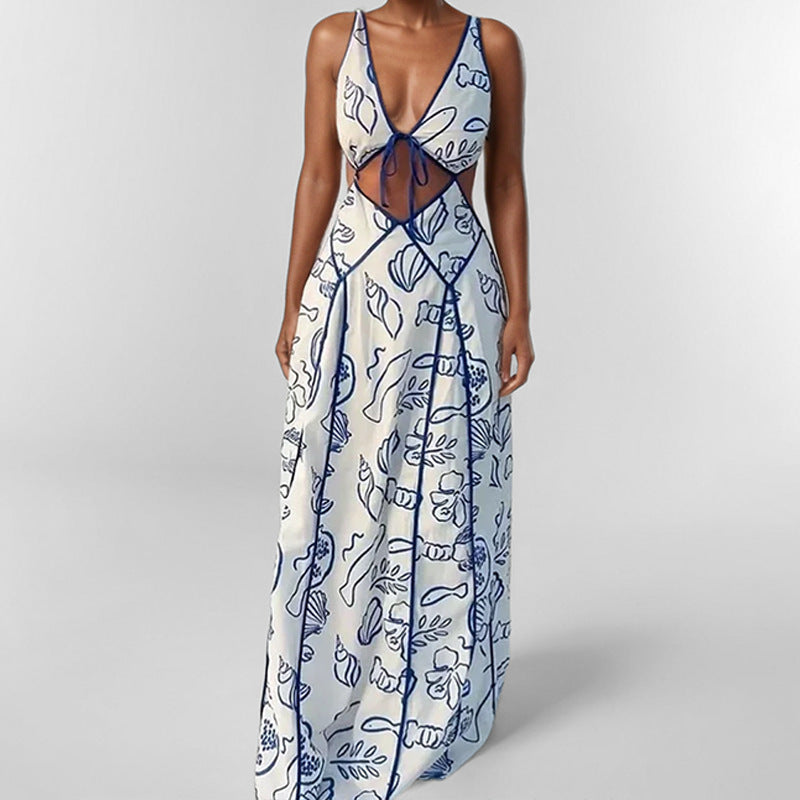 Women’s Fashion Simple Printing Hollow Dress - Other