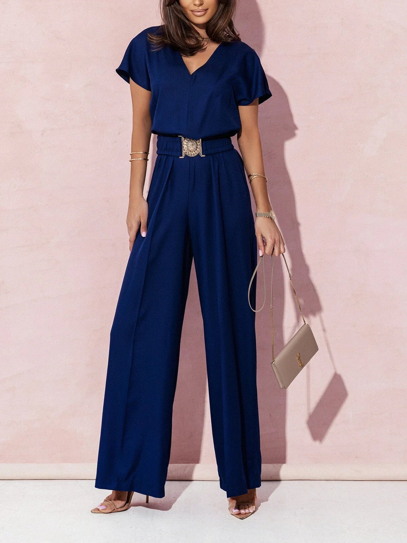 Women’s Fashion V-neck Short Sleeve Jumpsuit - Blue / M