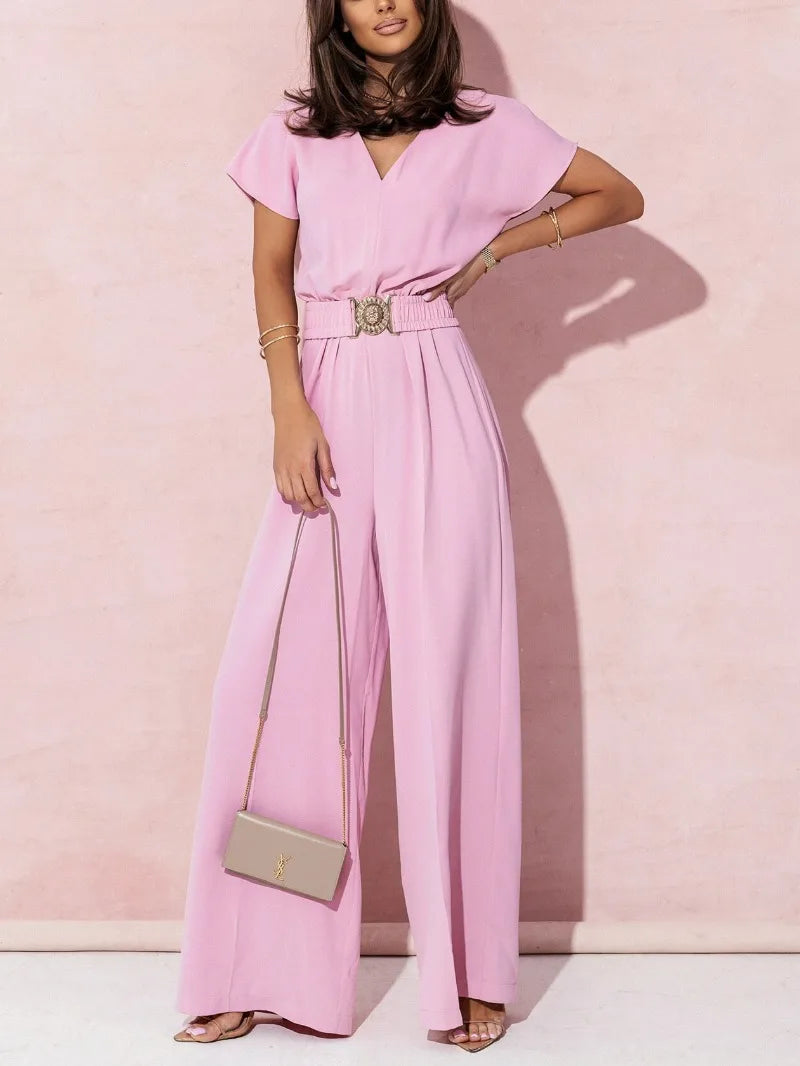 Women’s Fashion V-neck Short Sleeve Jumpsuit - Pink / XXL