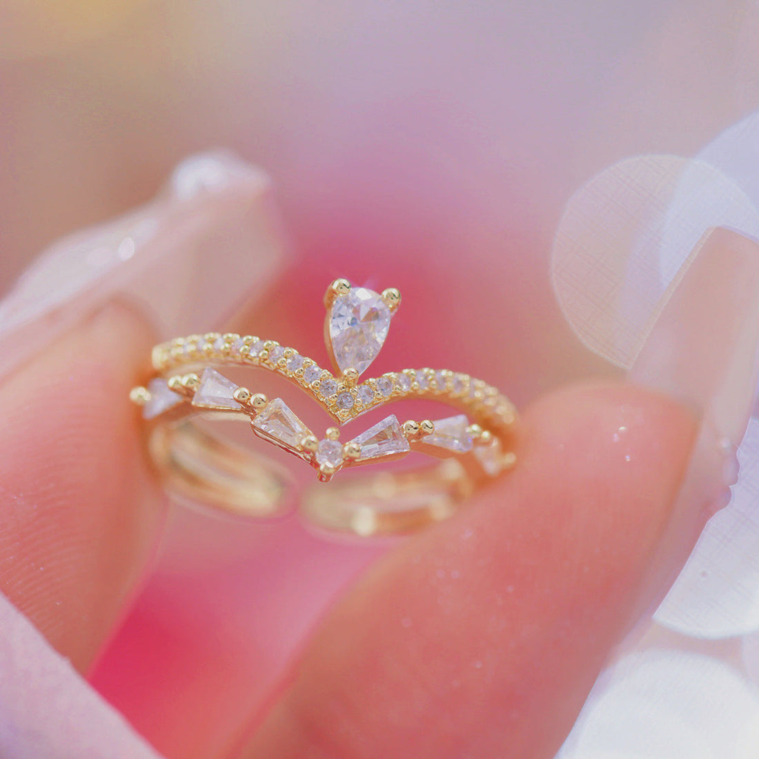 Women’s French Style All-matching Fashionable Ring - Water Drop Double Layer Zircon - electronic accessories