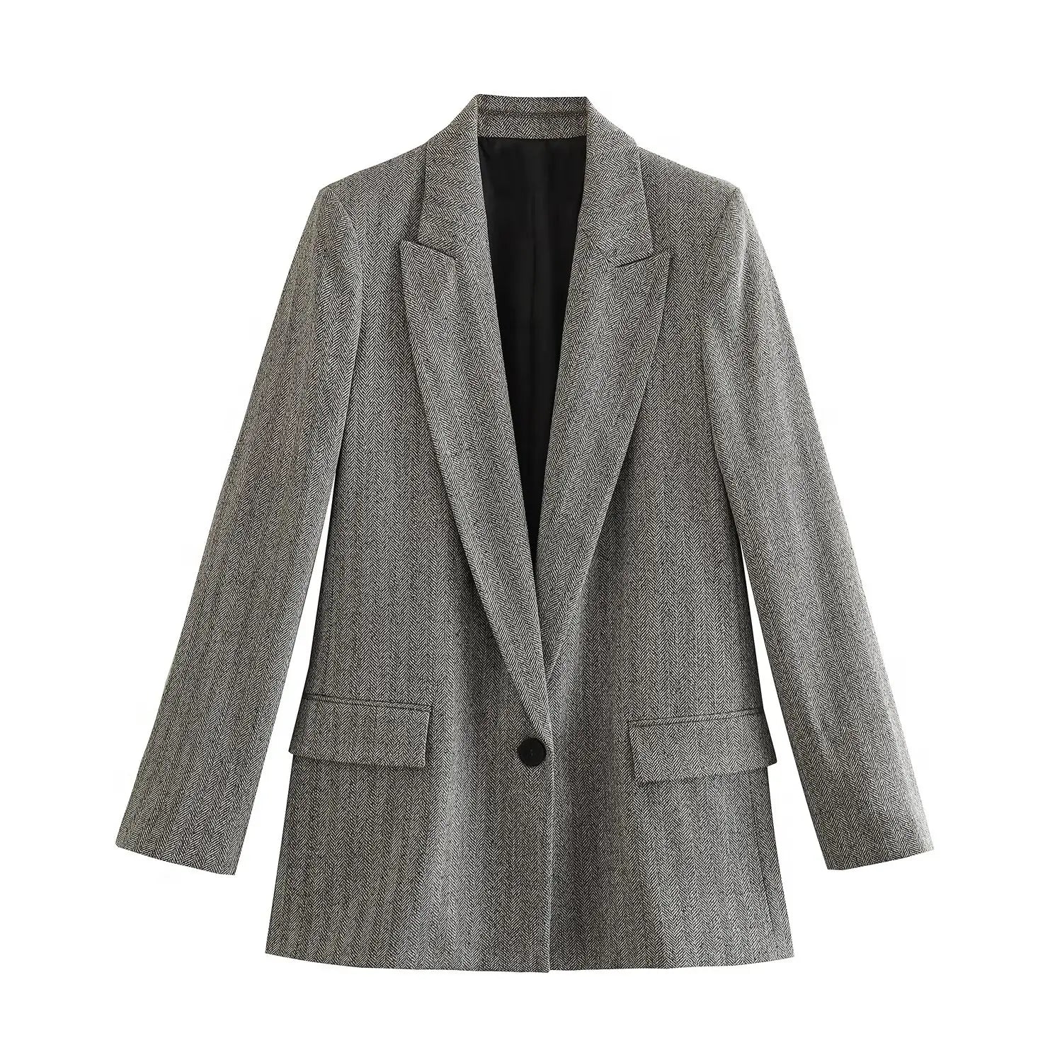 Women’s Herringbone Diagonal Suit Jacket Casual Long Pants - GRAY / L