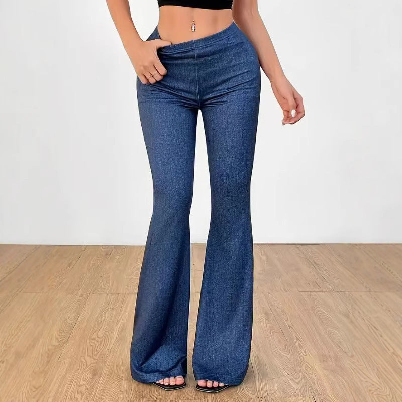 Women’s High Waist Denim Printing Bell-bottom Pants - Other