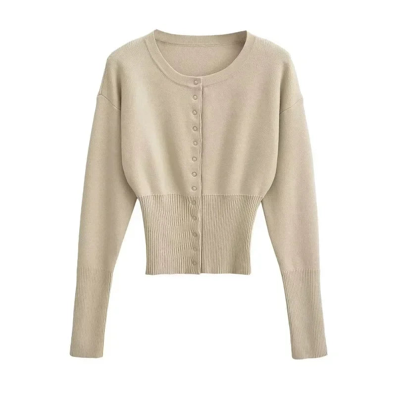 Women’s High Waist Round Neck Single Breasted Cardigan - Apricot / M