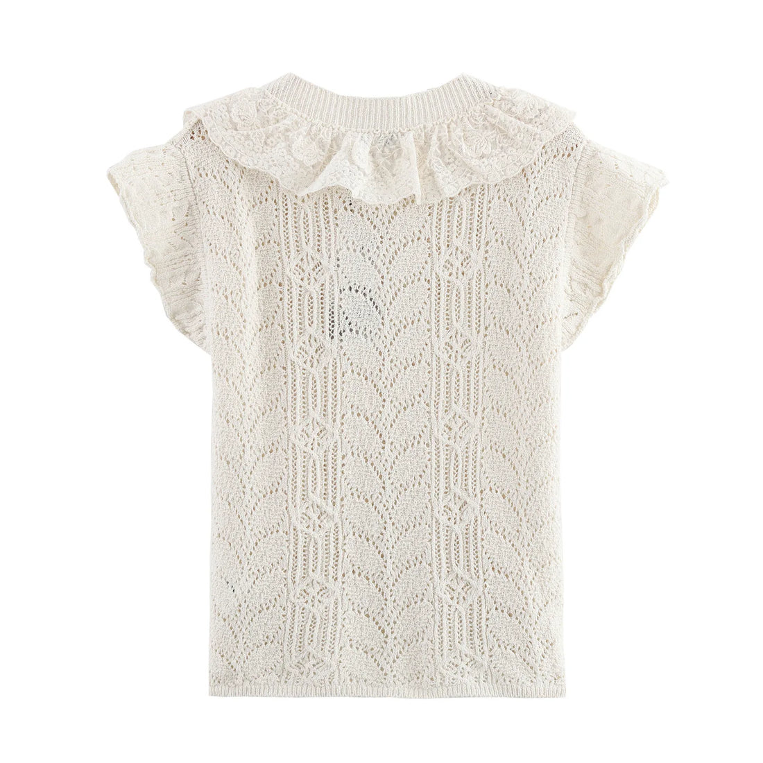 Women’s Hollow Out Knit Blouse Ruffled Round Neck Short Sleeves - White pullover / S