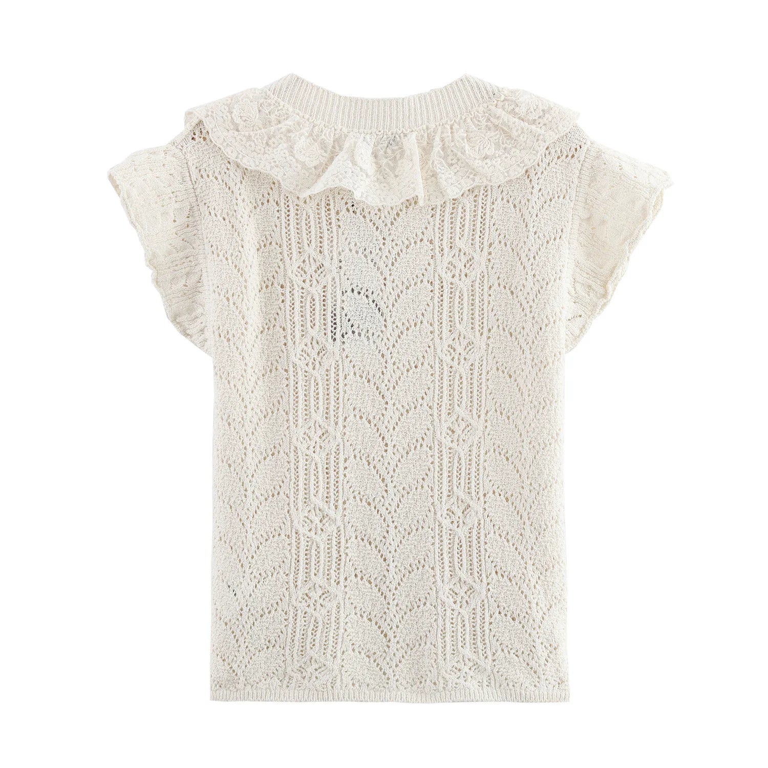 Women’s Hollow Out Knit Blouse Ruffled Round Neck Short Sleeves