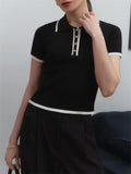 Women’s Knitted Pullover Fashion Short Sleeve Patchwork - L / black - Other