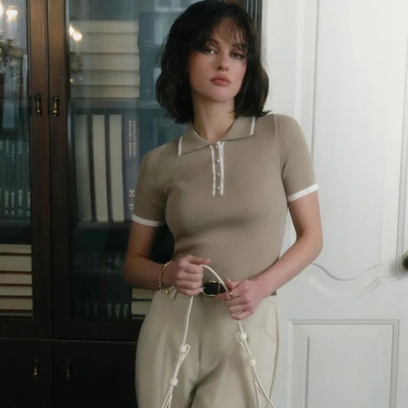 Women’s Knitted Pullover Fashion Short Sleeve Patchwork - Other