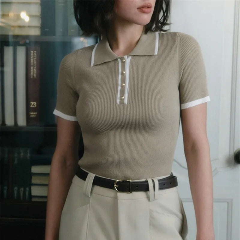 Women’s Knitted Pullover Fashion Short Sleeve Patchwork - Other