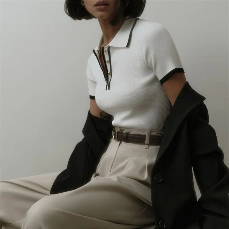 Women’s Knitted Pullover Fashion Short Sleeve Patchwork - Other