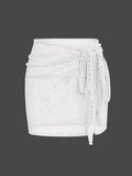 Women’s Knitted Short Skirt with Hollow Straps and Slit Beach Cover Up - WHITE / S