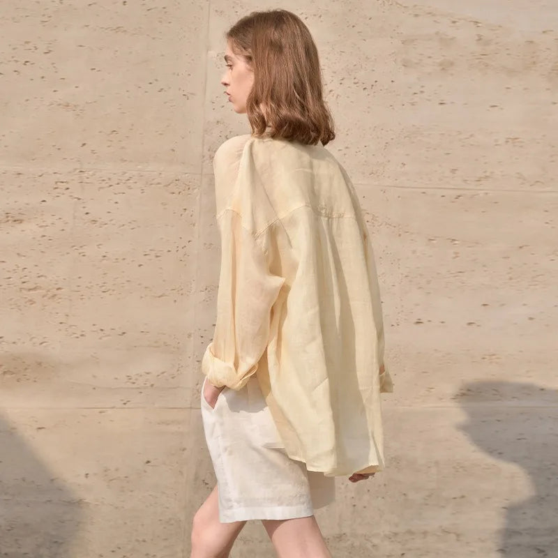 Women’s Lapel Long-Sleeved White Casual Loose Blouse