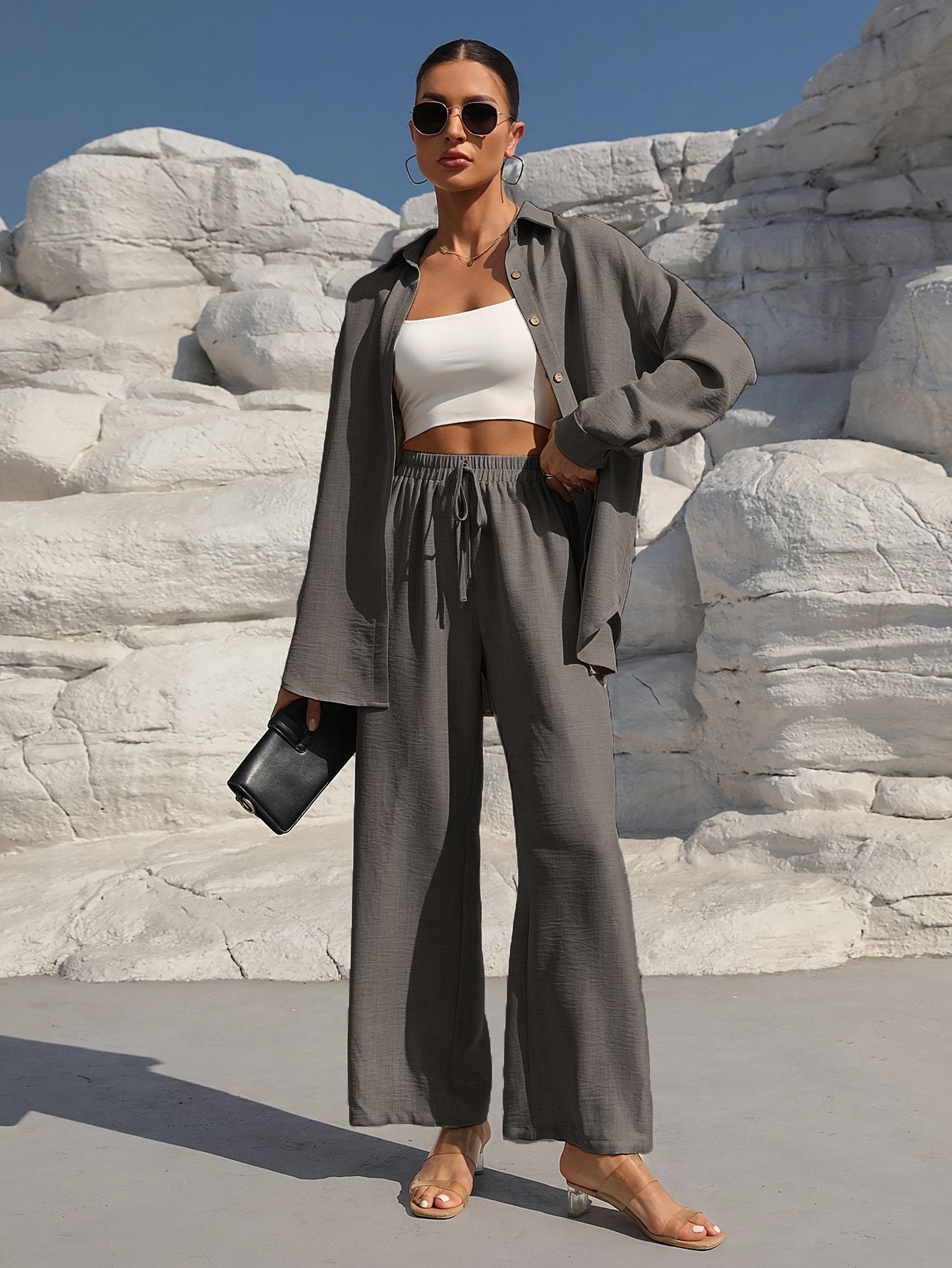 Women’s Long Sleeve Cardigan Two-Piece Set Casual Suit - Gray / L - electronic accessories