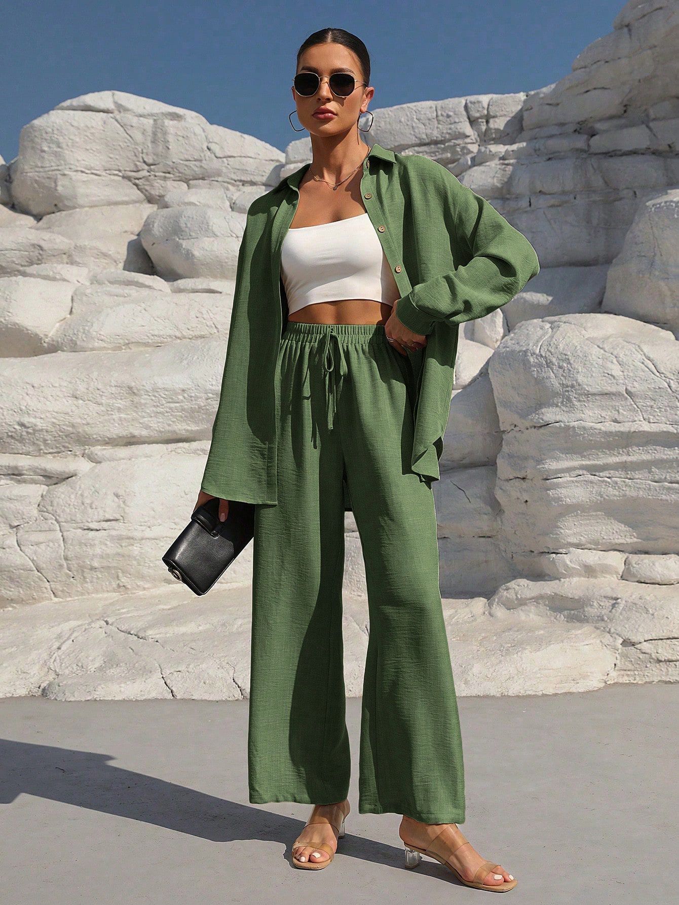 Women’s Long Sleeve Cardigan Two-Piece Set Casual Suit - Green / L - electronic accessories