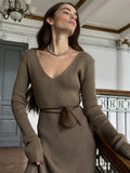 Women’s Long Sleeve V-neck Slim Bodycon Knitted Maxi Dress