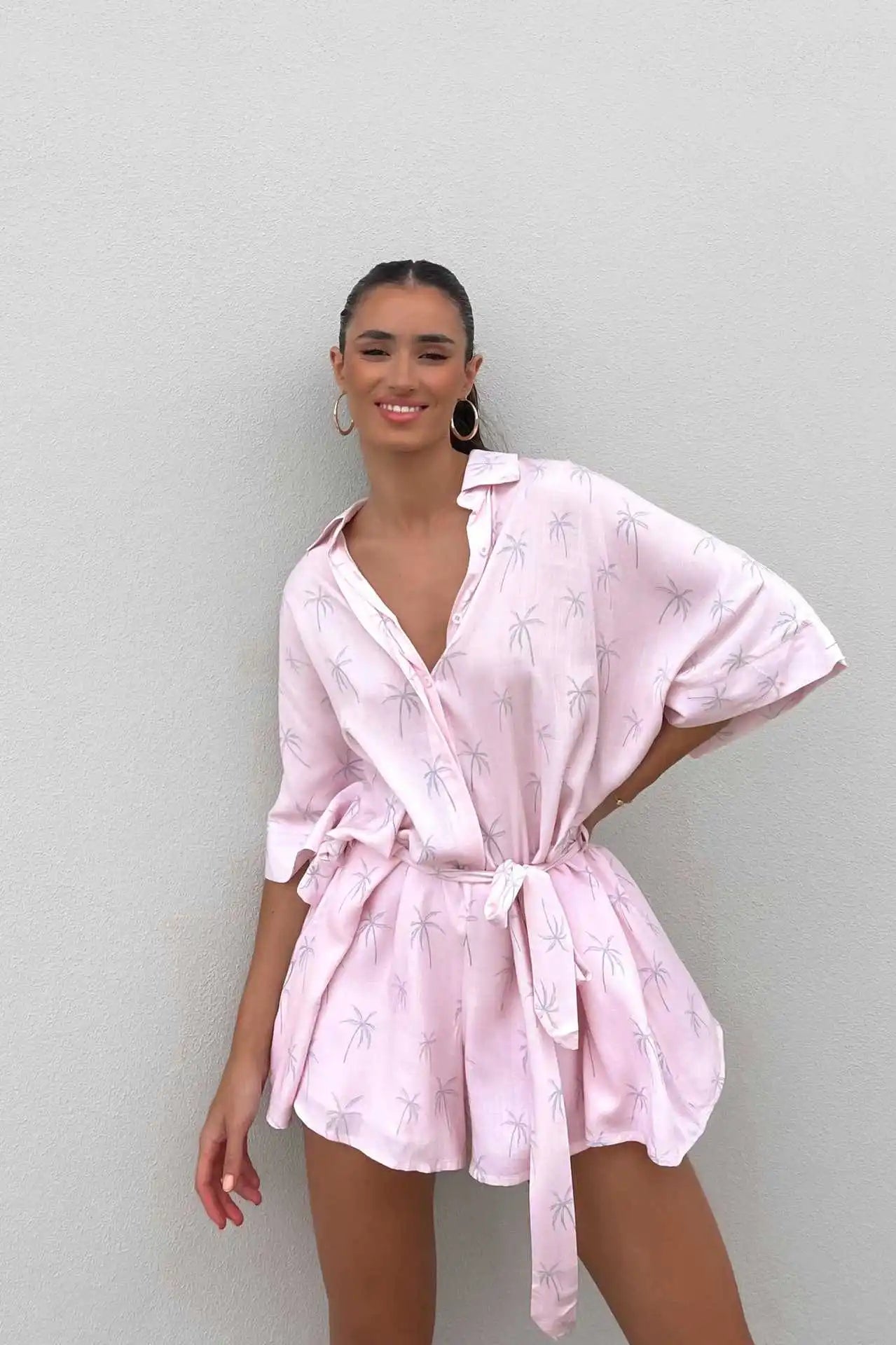 Women’s Loose Printed Pullover Half-sleeved Tie High Short Rompers Jumpsuits