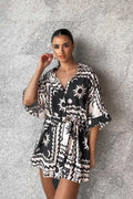 Women’s Loose Printed Pullover Half-sleeved Tie High Short Rompers Jumpsuits - 1 / S