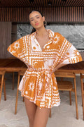 Women’s Loose Printed Pullover Half-sleeved Tie High Short Rompers Jumpsuits - 9 / S