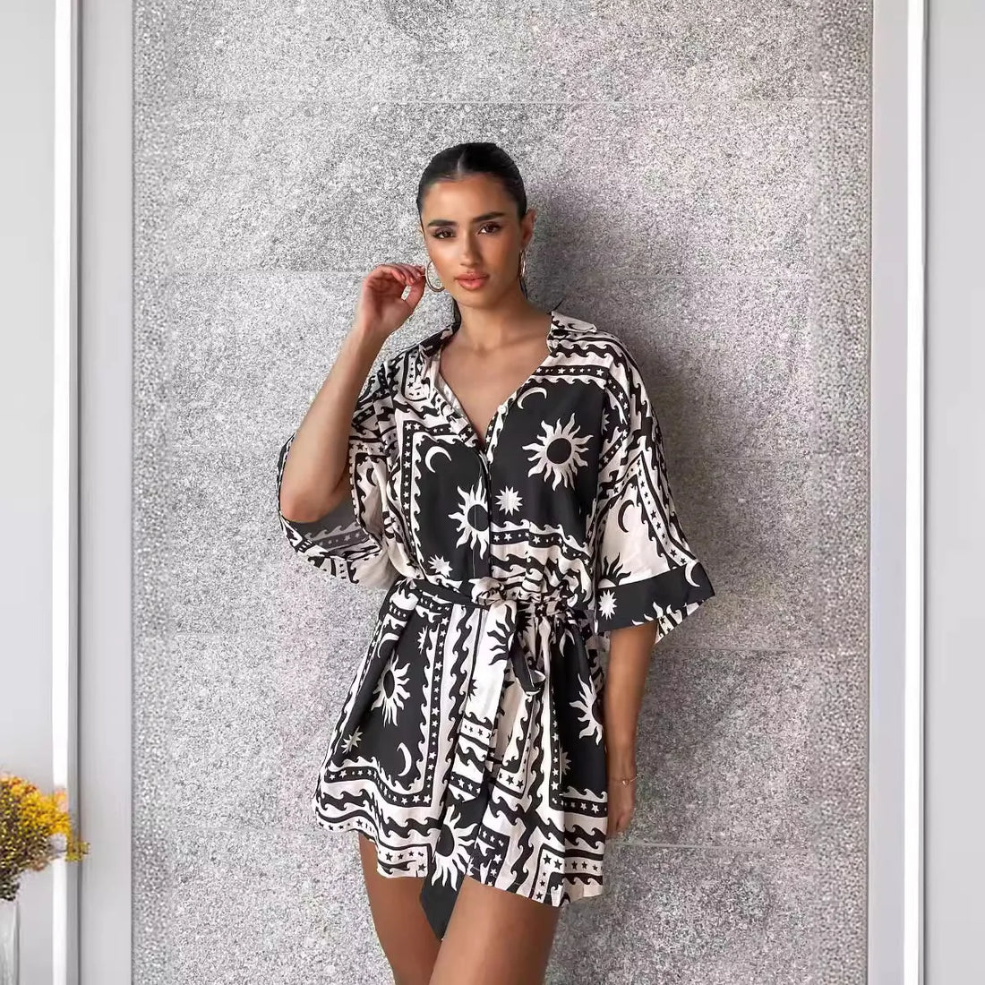 Women’s Loose Printed Pullover Half-sleeved Tie High Short Rompers Jumpsuits - 8 / M