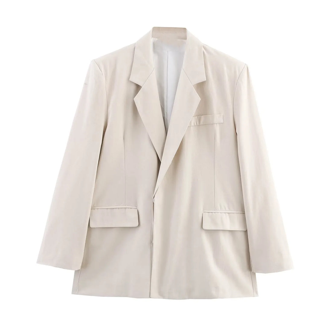 Women’s Loose Texture Blazer Lapel Long Sleeves Patch Pockets Hidden Button Slit Hem Jacket - Beige jacket / L