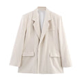 Women’s Loose Texture Blazer Lapel Long Sleeves Patch Pockets Hidden Button Slit Hem Jacket - Beige jacket / L
