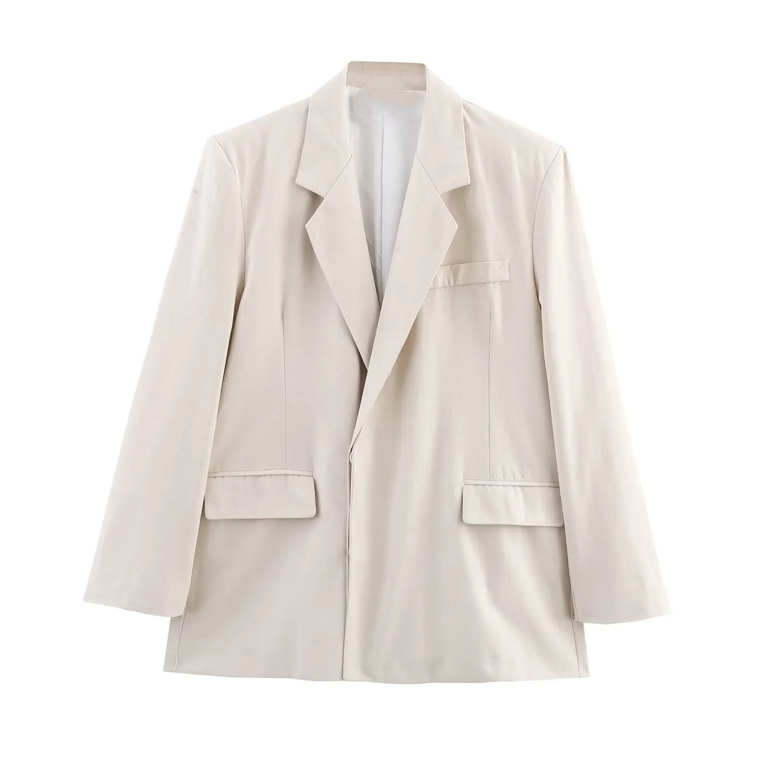 Women’s Loose Texture Blazer Lapel Long Sleeves Patch Pockets Hidden Button Slit Hem Jacket - Beige jacket / L