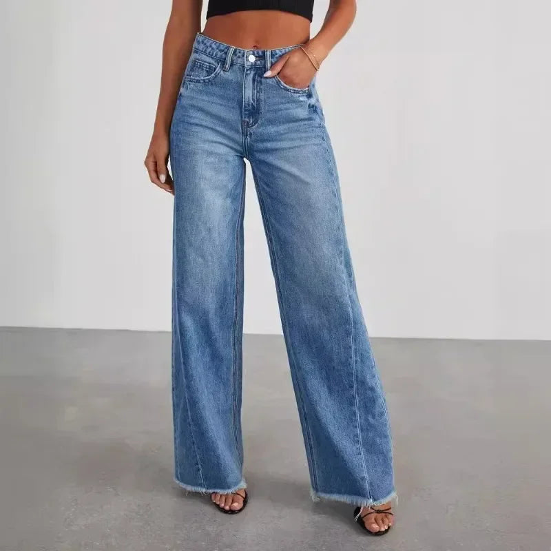 Women’s Loose Wide Leg Side Seam Stitching Frayed Hem Jeans