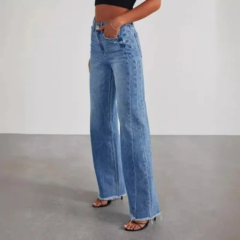 Women’s Loose Wide Leg Side Seam Stitching Frayed Hem Jeans