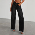 Women’s Loose Wide Leg Side Seam Stitching Frayed Hem Jeans - black / XL
