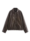 Women’s Mid to Long Length Imitation Leather Pilot Jacket Coat - brown / M