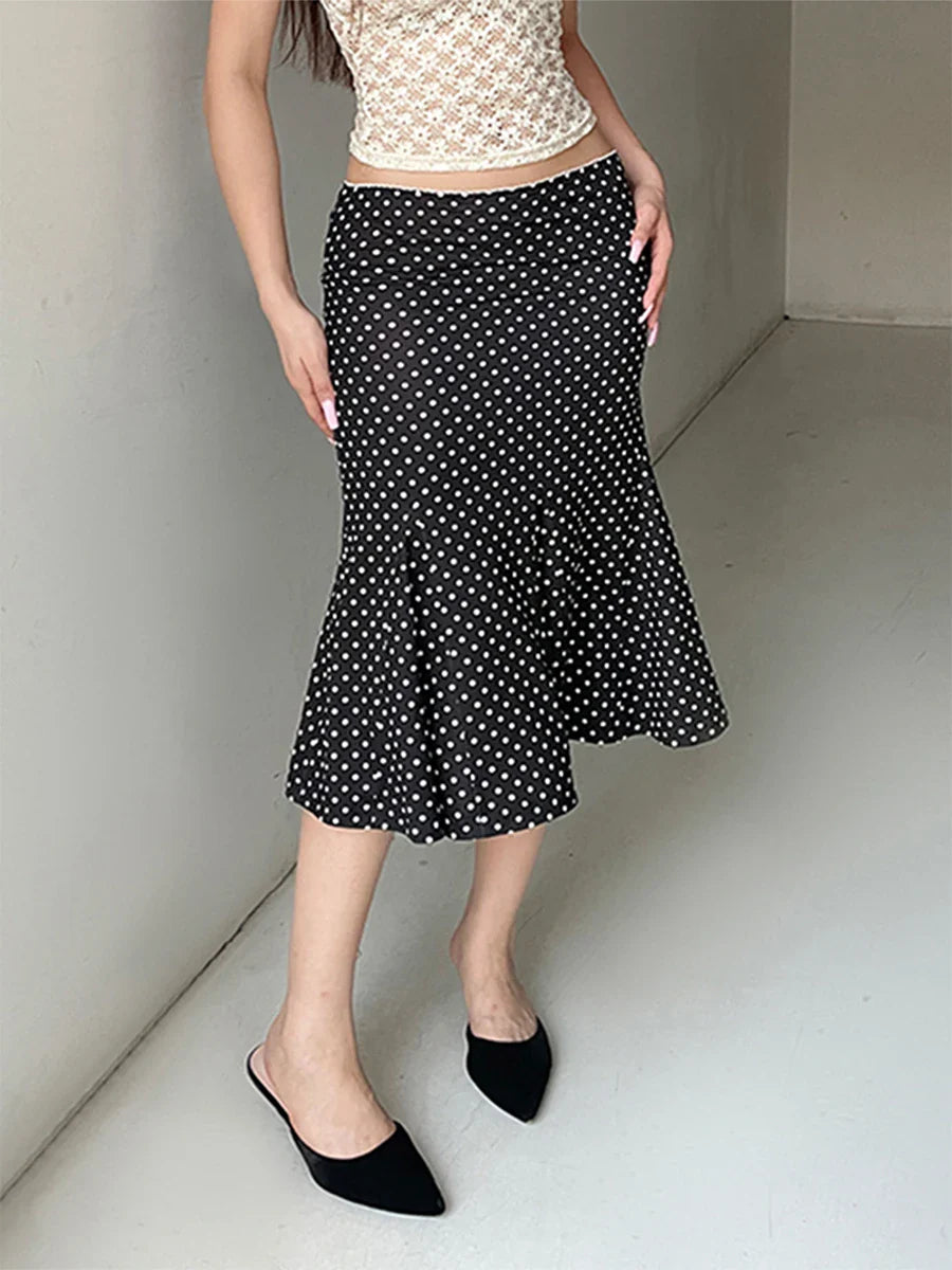 Women’s Midi Skirts Dot Print Low Waist - black / L