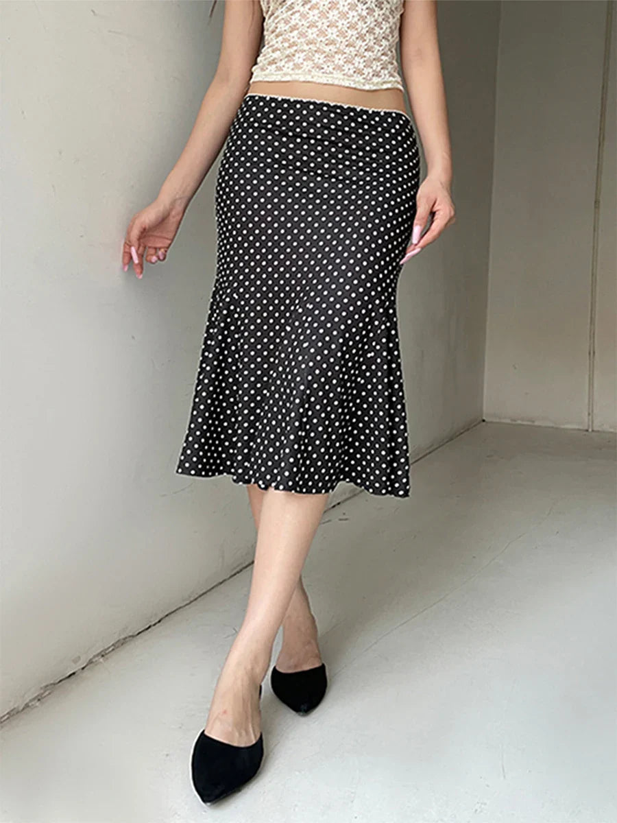 Women’s Midi Skirts Dot Print Low Waist - black / L